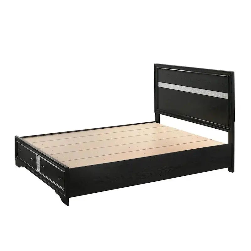 Regi King Size Bed, 2 Storage Drawers, Silver Striped Headboard, Black Wood