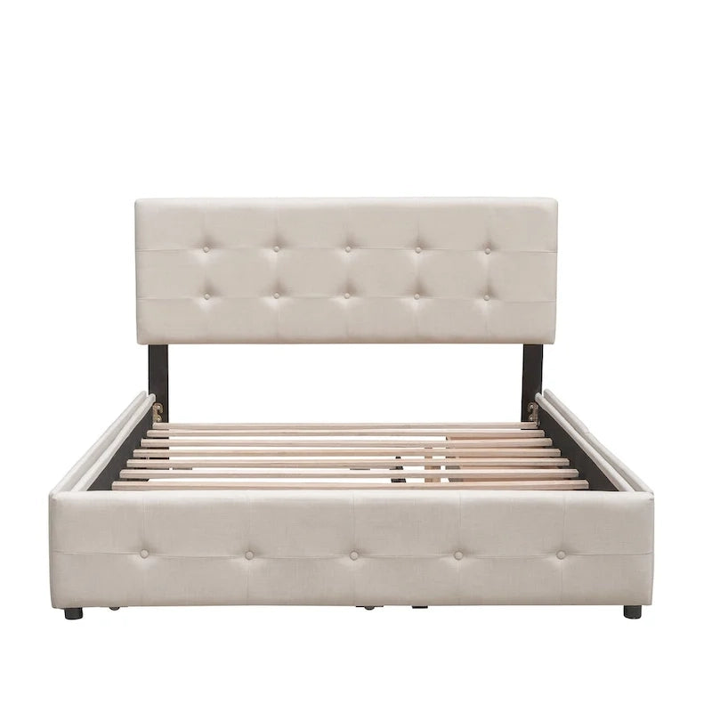Upholstered Platform Bed with 2 Drawers and 1 Twin XL Trundle, Linen Fabric, Queen Size