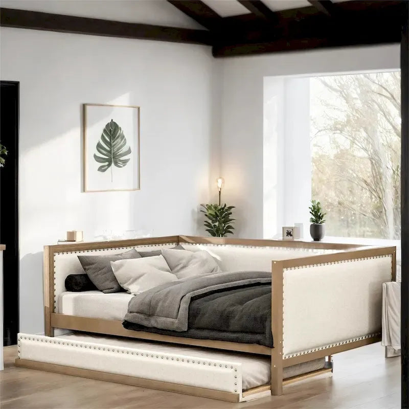 Full Size Linen Upholstered Daybed with Trundle and Nailhead