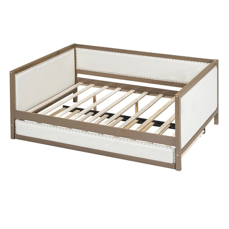 Full Size Linen Upholstered Daybed with Trundle and Nailhead