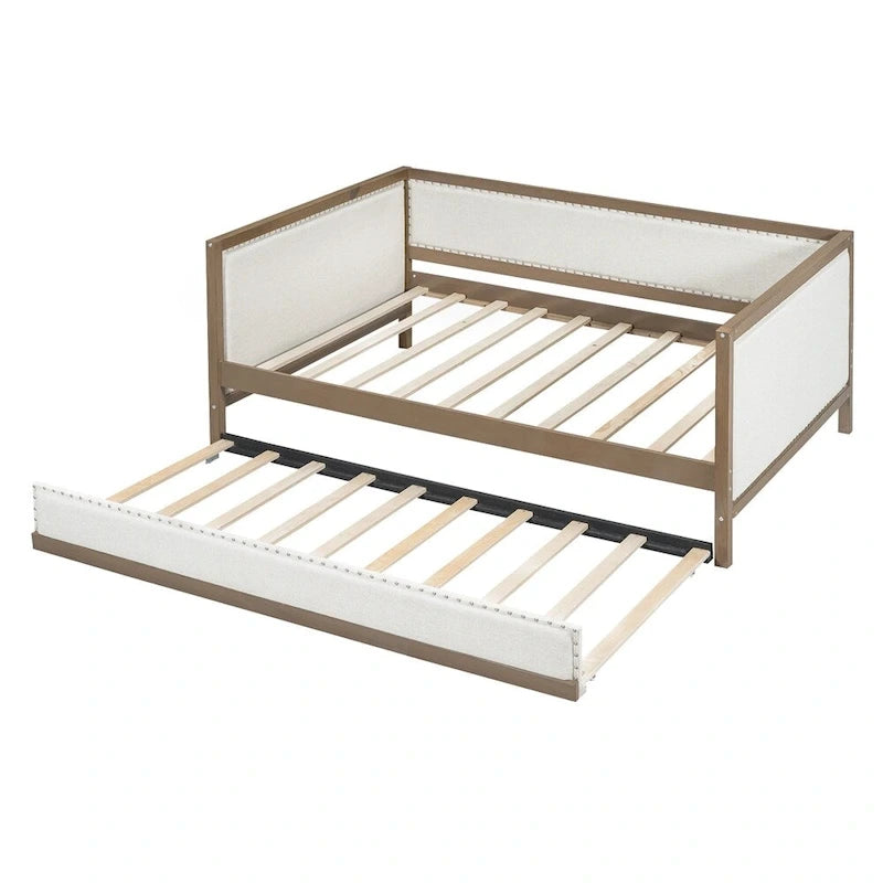 Full Size Linen Upholstered Daybed with Trundle and Nailhead