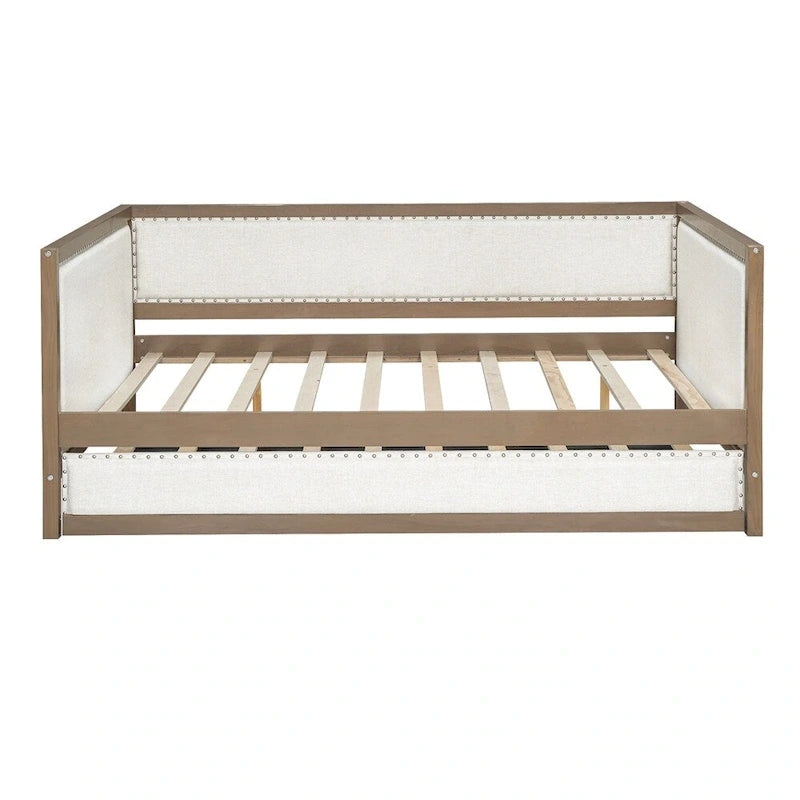 Full Size Linen Upholstered Daybed with Trundle and Nailhead
