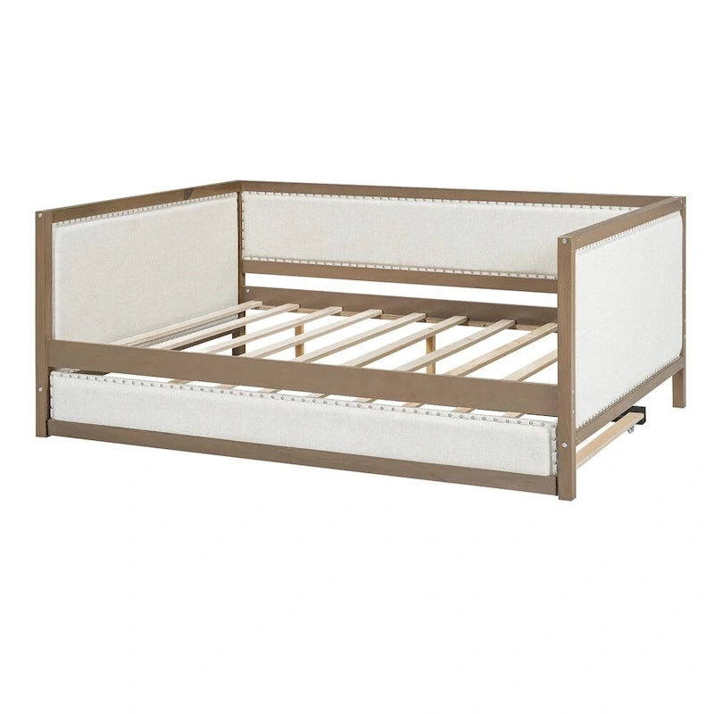 Full Size Linen Upholstered Daybed with Trundle and Nailhead