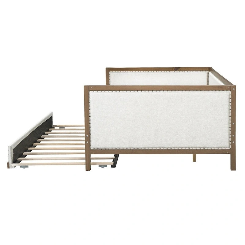 Full Size Linen Upholstered Daybed with Trundle and Nailhead