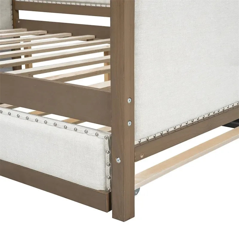 Full Size Linen Upholstered Daybed with Trundle and Nailhead