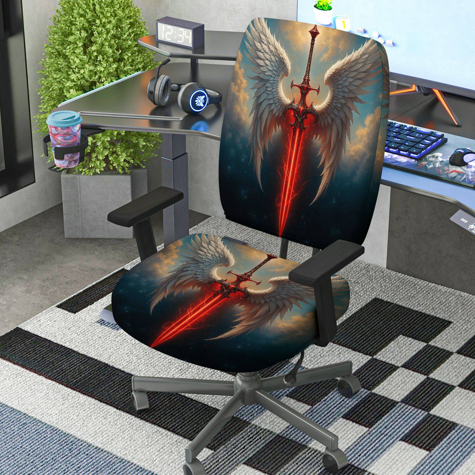 2-Piece Angel Wings Sword Fantasy Gaming  Computer Chair Cover Set, Seat and Backrest