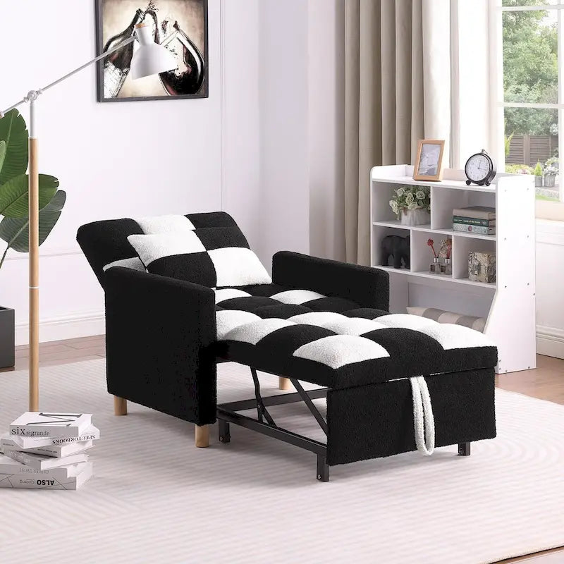 3-in-1 Convertible Sleeper Chair Bed, Single Sofa (Black White)