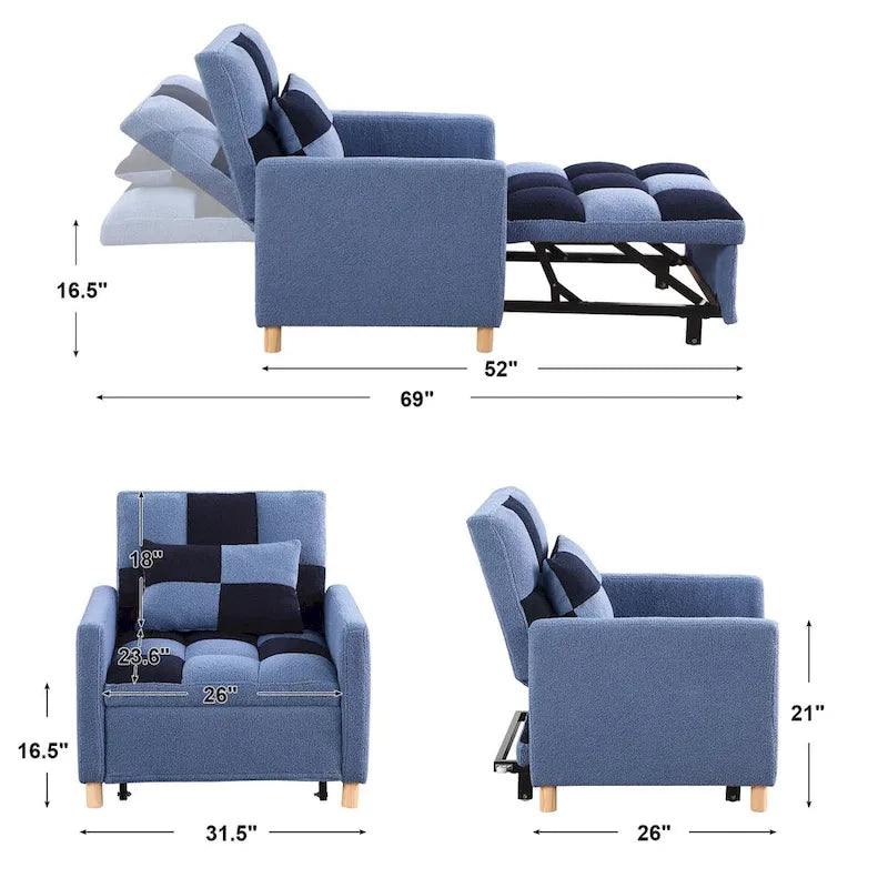 3-in-1 Convertible Sleeper Chair Bed, Single Sofa (Black White)