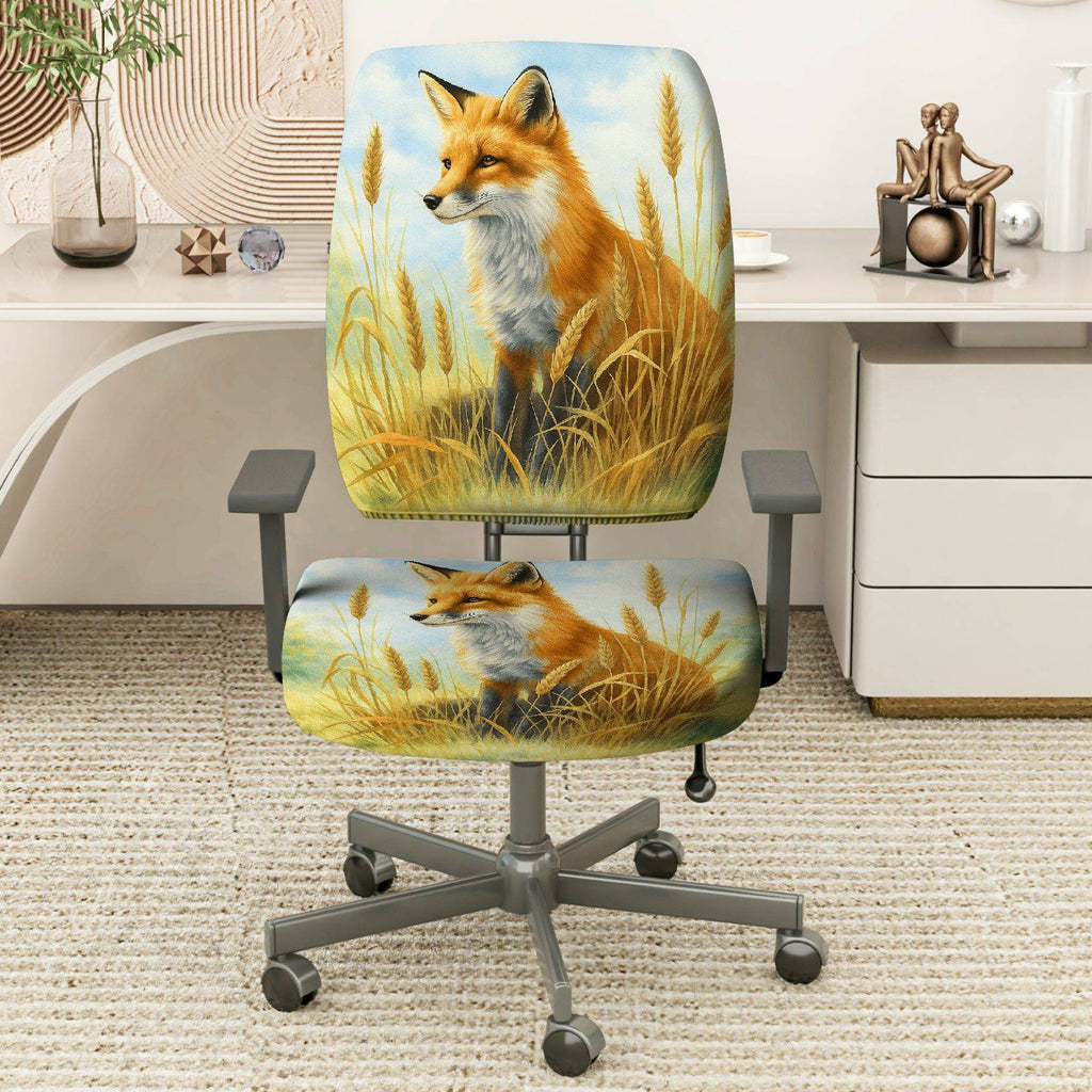 2-Piece Animal Nature Landscape Fox Grass  Computer Chair Cover Set, Seat and Backrest