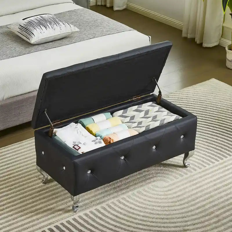Upholstered Rectangular Storage Ottoman Bench with Crystal Buttons