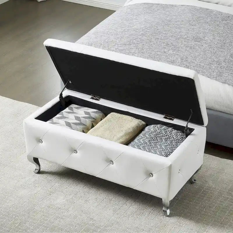 Upholstered Rectangular Storage Ottoman Bench with Crystal Buttons