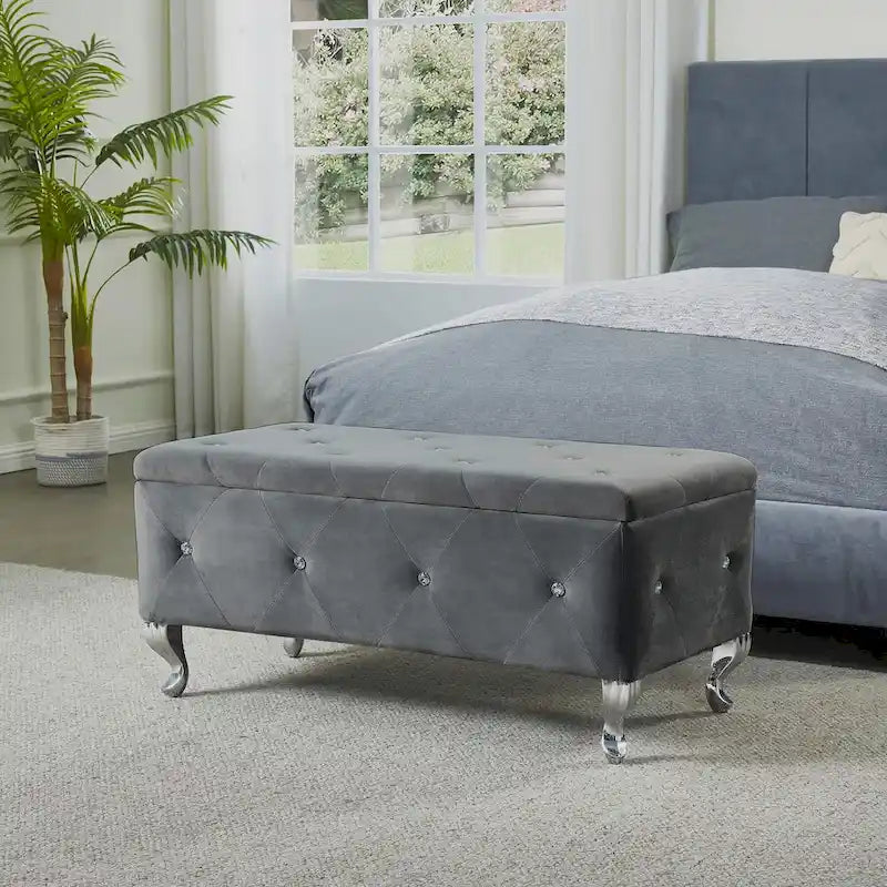 Upholstered Rectangular Storage Ottoman Bench with Crystal Buttons