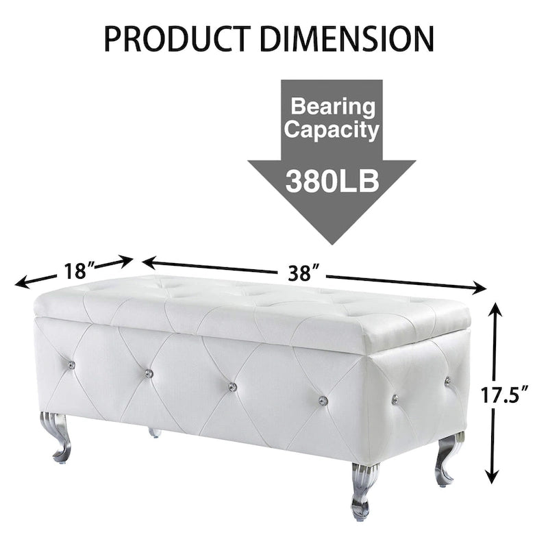 Upholstered Rectangular Storage Ottoman Bench with Crystal Buttons