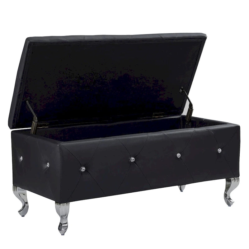Upholstered Rectangular Storage Ottoman Bench with Crystal Buttons