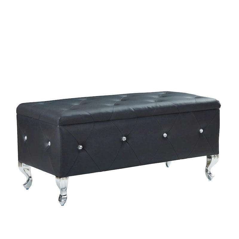 Upholstered Rectangular Storage Ottoman Bench with Crystal Buttons