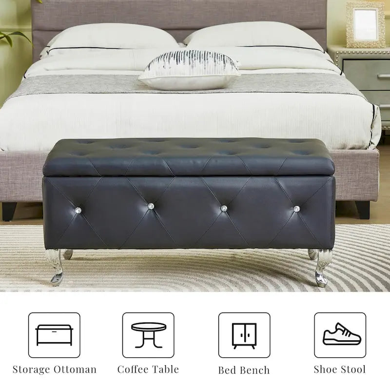 Upholstered Rectangular Storage Ottoman Bench with Crystal Buttons