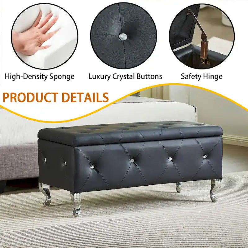 Upholstered Rectangular Storage Ottoman Bench with Crystal Buttons