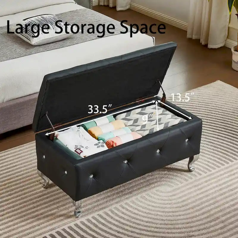 Upholstered Rectangular Storage Ottoman Bench with Crystal Buttons
