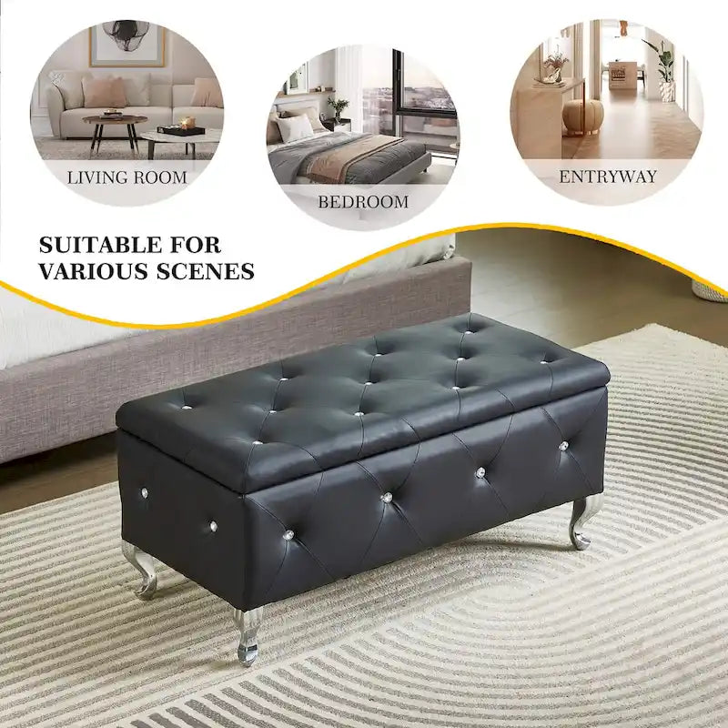 Upholstered Rectangular Storage Ottoman Bench with Crystal Buttons