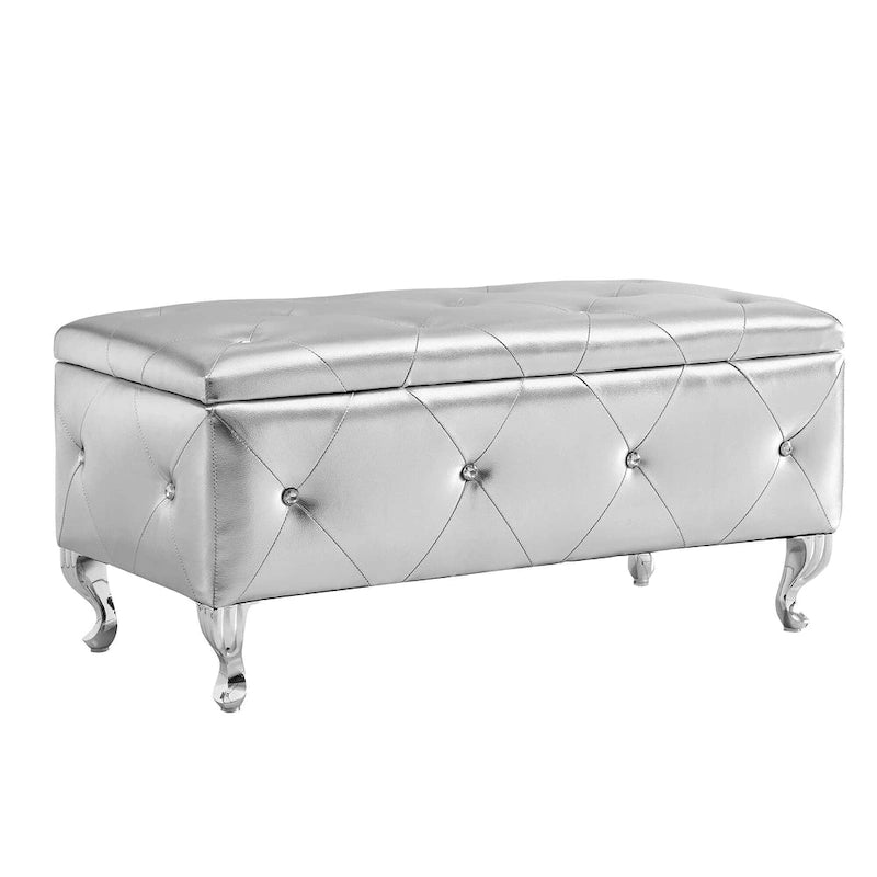 Upholstered Rectangular Storage Ottoman Bench with Crystal Buttons