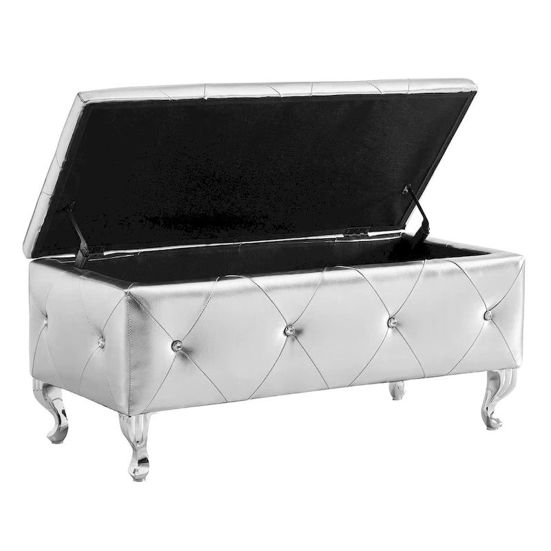 Upholstered Rectangular Storage Ottoman Bench with Crystal Buttons
