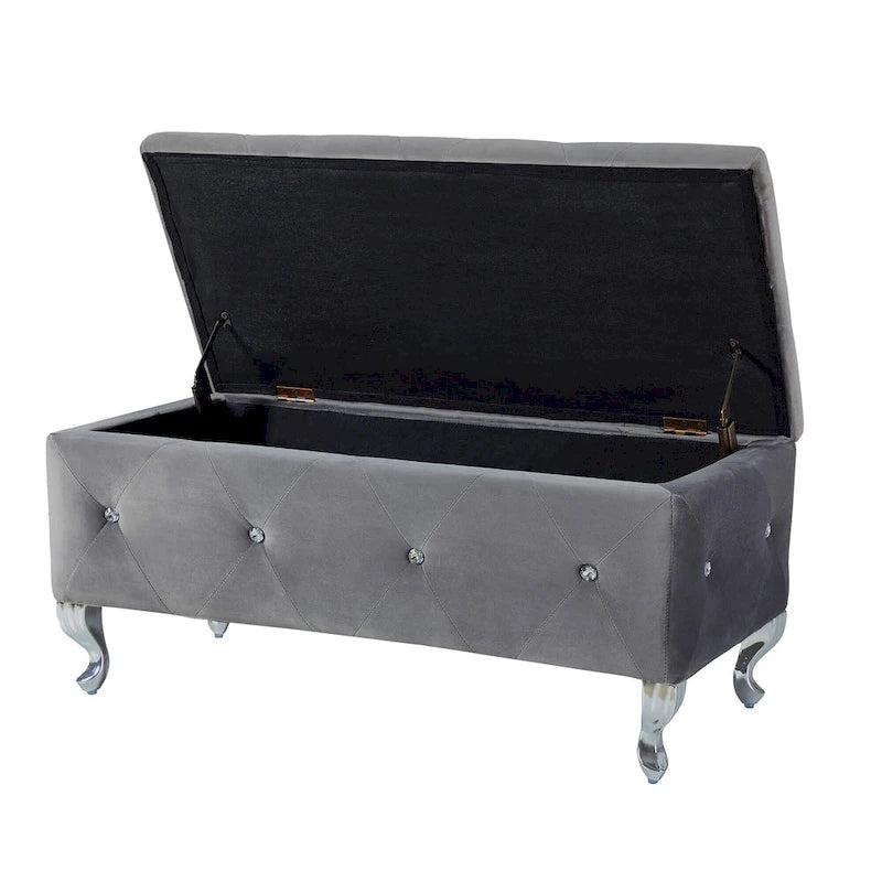 Upholstered Rectangular Storage Ottoman Bench with Crystal Buttons