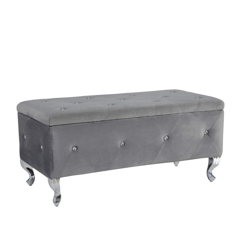 Upholstered Rectangular Storage Ottoman Bench with Crystal Buttons