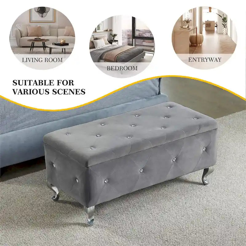 Upholstered Rectangular Storage Ottoman Bench with Crystal Buttons