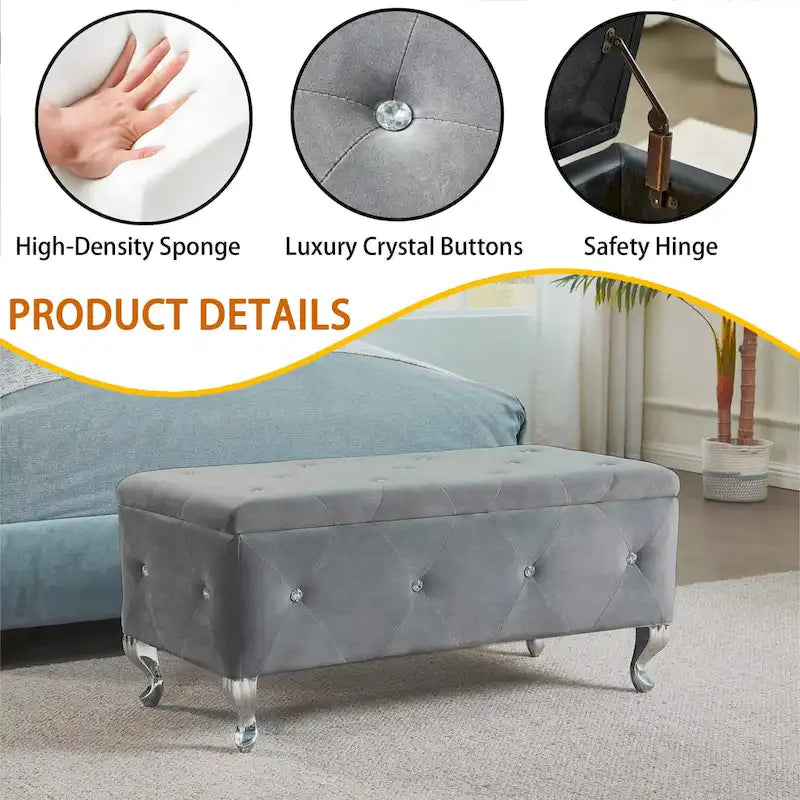 Upholstered Rectangular Storage Ottoman Bench with Crystal Buttons