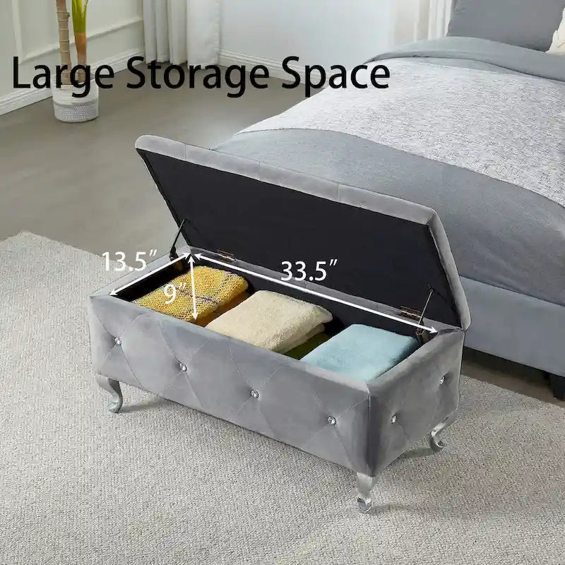 Upholstered Rectangular Storage Ottoman Bench with Crystal Buttons