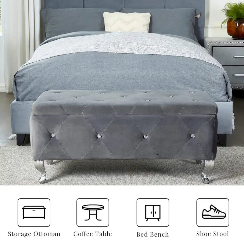 Upholstered Rectangular Storage Ottoman Bench with Crystal Buttons