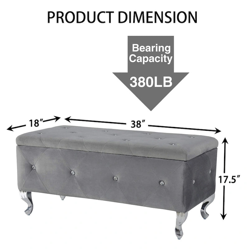 Upholstered Rectangular Storage Ottoman Bench with Crystal Buttons