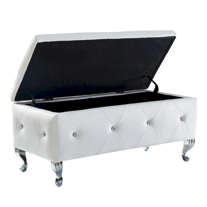 Upholstered Rectangular Storage Ottoman Bench with Crystal Buttons