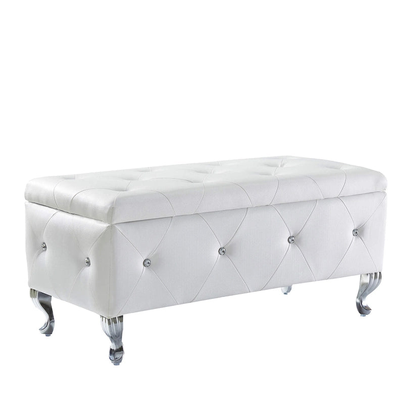 Upholstered Rectangular Storage Ottoman Bench with Crystal Buttons