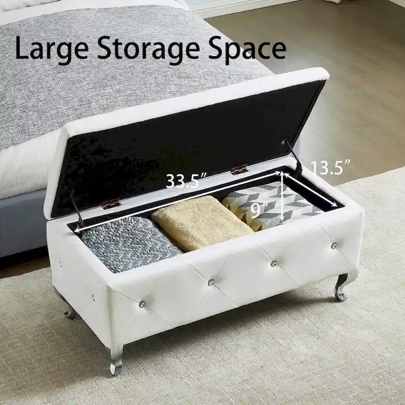 Upholstered Rectangular Storage Ottoman Bench with Crystal Buttons