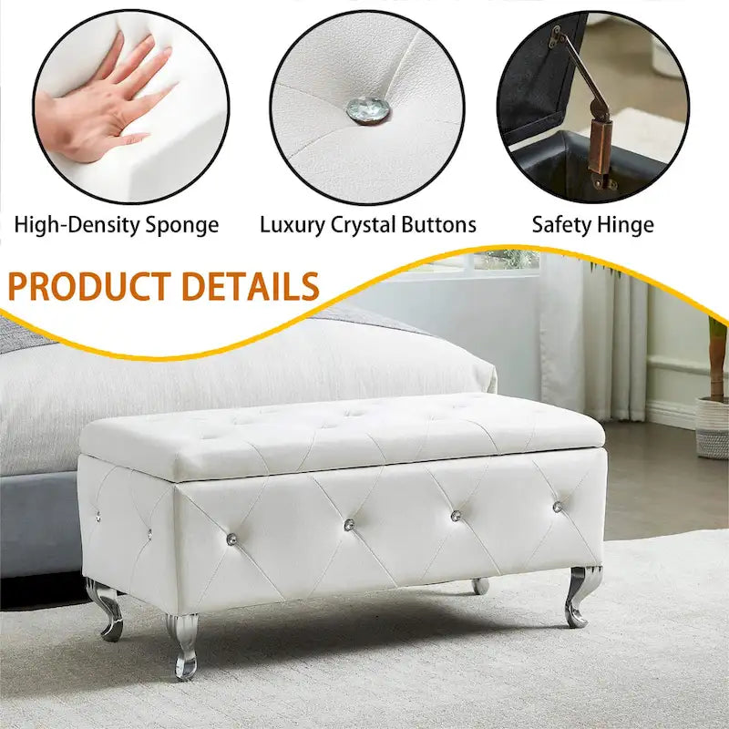 Upholstered Rectangular Storage Ottoman Bench with Crystal Buttons