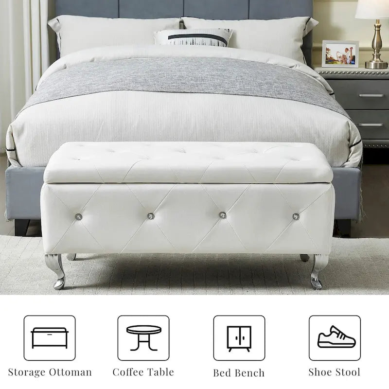 Upholstered Rectangular Storage Ottoman Bench with Crystal Buttons