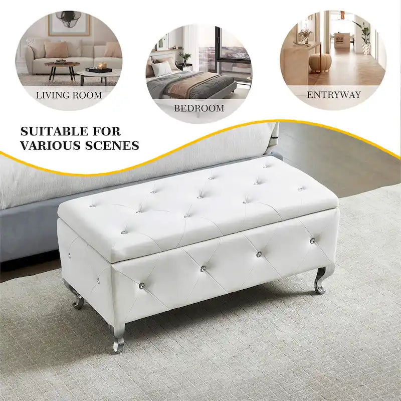 Upholstered Rectangular Storage Ottoman Bench with Crystal Buttons