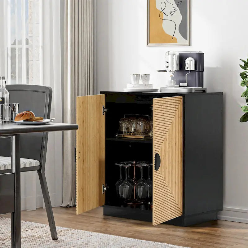 Modern Boho 2-Door Black Accent Cabinet with Bamboo Strips - 33.9 H x 31.5 W x 15.7 D