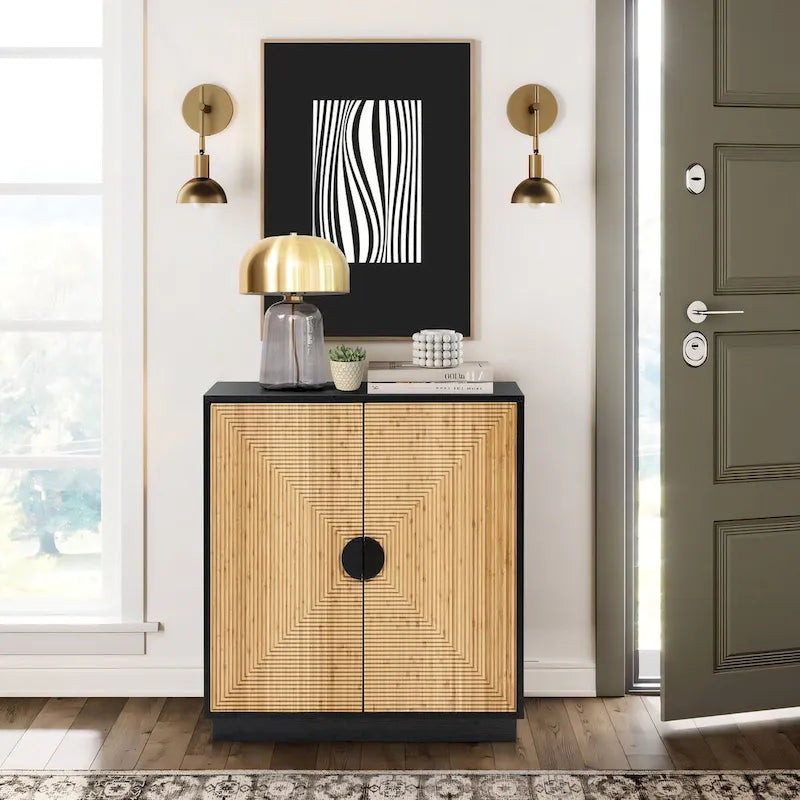 Modern Boho 2-Door Black Accent Cabinet with Bamboo Strips - 33.9 H x 31.5 W x 15.7 D