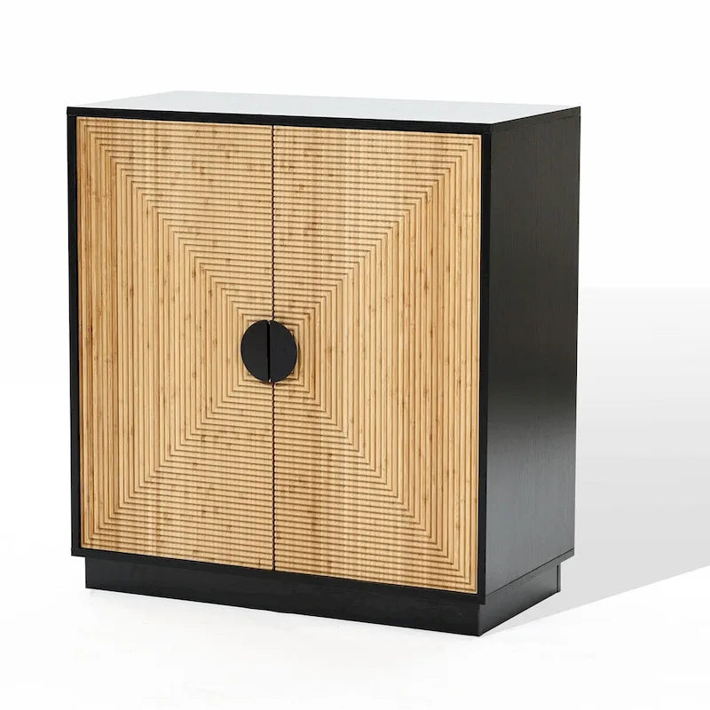 Modern Boho 2-Door Black Accent Cabinet with Bamboo Strips - 33.9 H x 31.5 W x 15.7 D