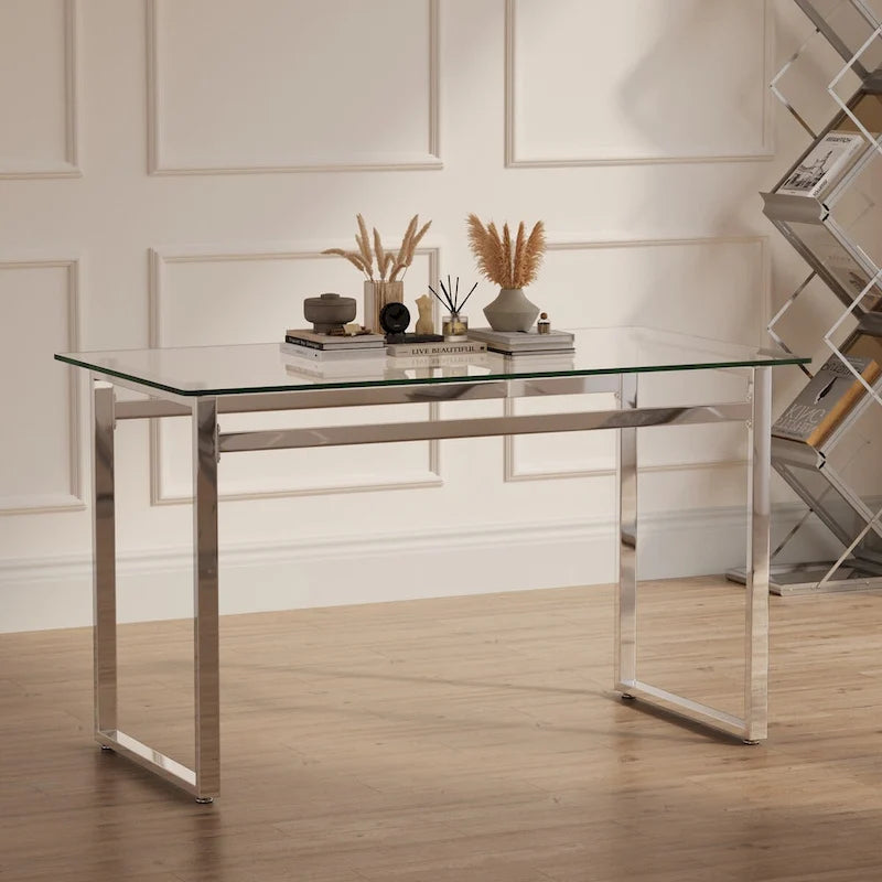 Modern Minimalist Rectangular Glass Dining Table for 4-6 with 0.31 Tempered Glass Tabletop and Silver Chrome Metal Legs