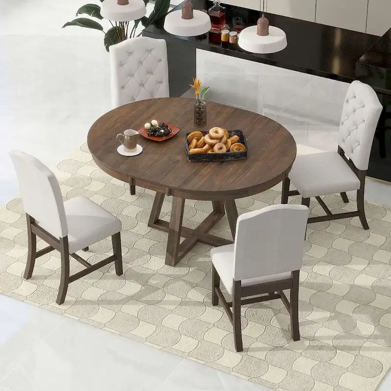 5 Piece Vintage Style Table Set, 42-58 Extendable Round Dining Table with 4 Upholstered Dining Chairs