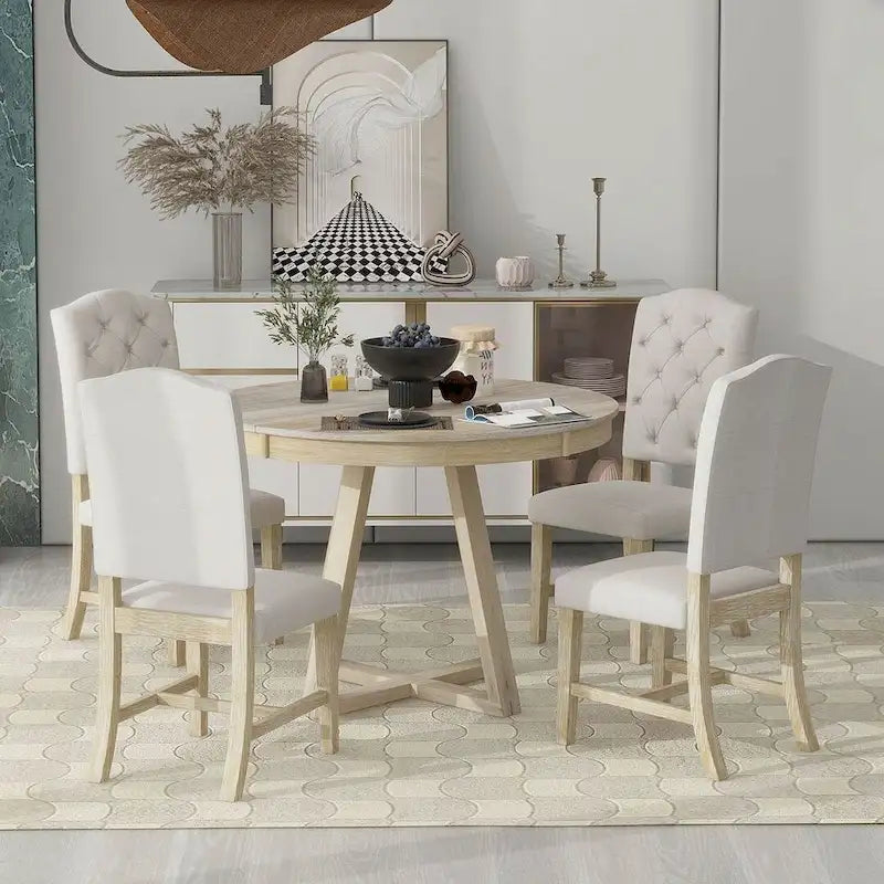 5 Piece Vintage Style Table Set, 42-58 Extendable Round Dining Table with 4 Upholstered Dining Chairs