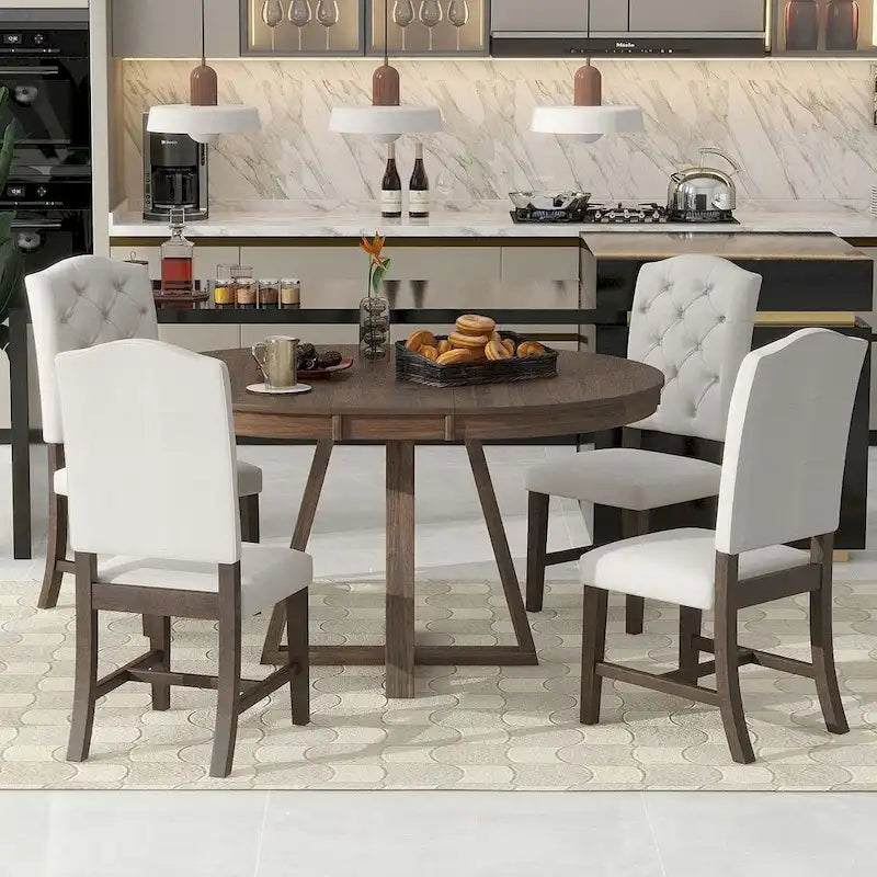 5 Piece Vintage Style Table Set, 42-58 Extendable Round Dining Table with 4 Upholstered Dining Chairs