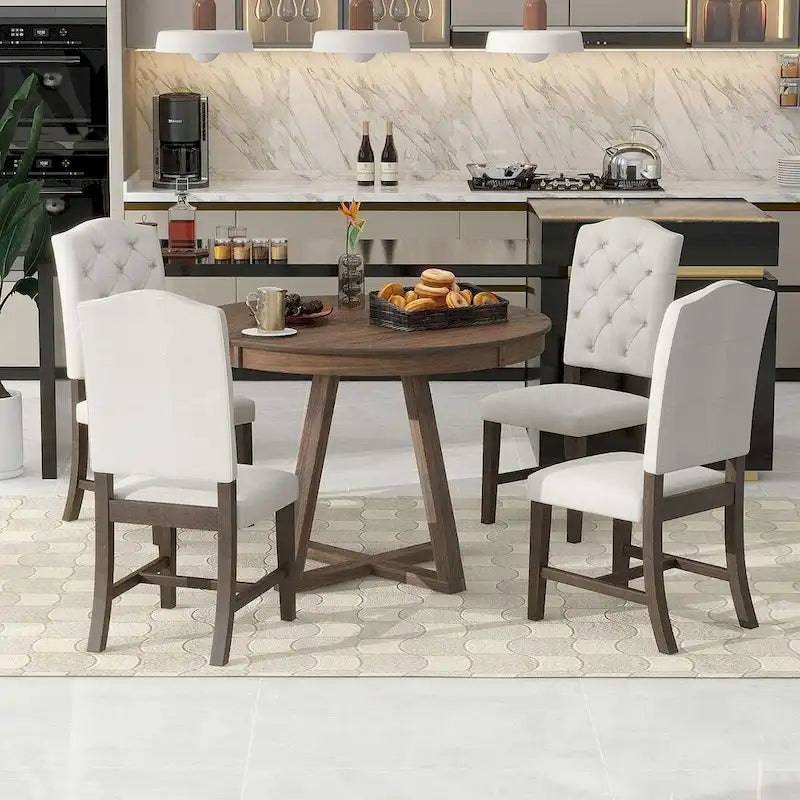5 Piece Vintage Style Table Set, 42-58 Extendable Round Dining Table with 4 Upholstered Dining Chairs
