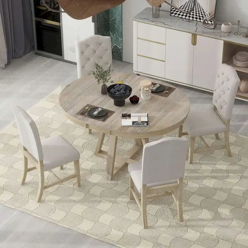 5 Piece Vintage Style Table Set, 42-58 Extendable Round Dining Table with 4 Upholstered Dining Chairs