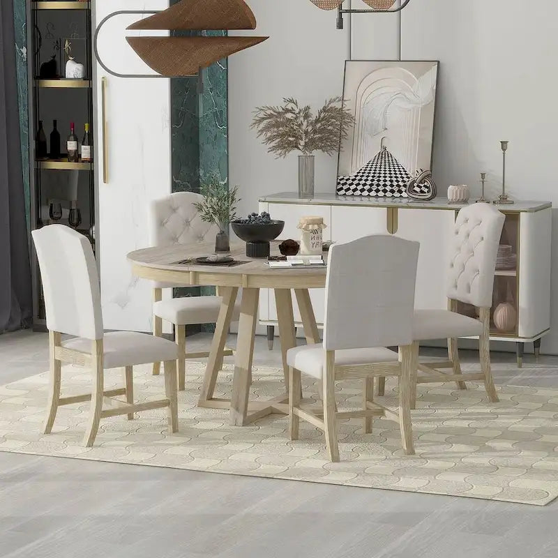 5 Piece Vintage Style Table Set, 42-58 Extendable Round Dining Table with 4 Upholstered Dining Chairs