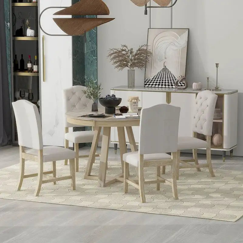 5 Piece Vintage Style Table Set, 42-58 Extendable Round Dining Table with 4 Upholstered Dining Chairs