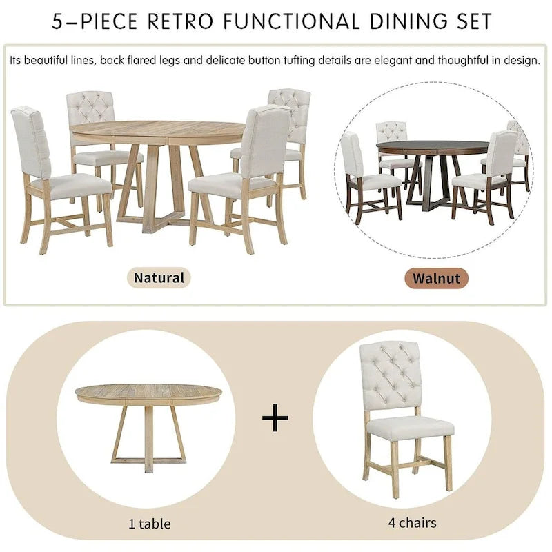 5 Piece Vintage Style Table Set, 42-58 Extendable Round Dining Table with 4 Upholstered Dining Chairs